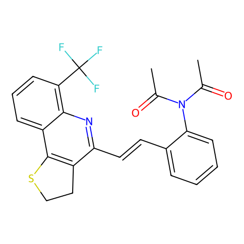 N-acetyl-N-(2-{(E)-2-[6-(trifluoromethyl)-2,3-dihydrothieno[3,2-c]quinolin-4-yl]ethenyl}phenyl)acetamide structure