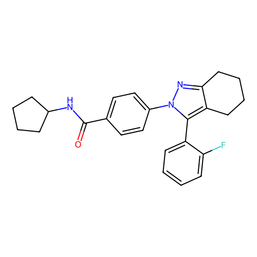 N-cyclopentyl-4-[3-(2-fluorophenyl)-4,5,6,7-tetrahydroindazol-2-yl]benzamide structure