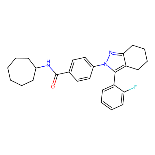 N-cycloheptyl-4-[3-(2-fluorophenyl)-4,5,6,7-tetrahydroindazol-2-yl]benzamide structure