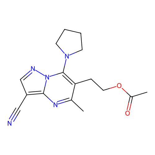 2-[3-cyano-5-methyl-7-(1-pyrrolidinyl)pyrazolo[1,5-a]pyrimidin-6-yl]ethyl acetate structure
