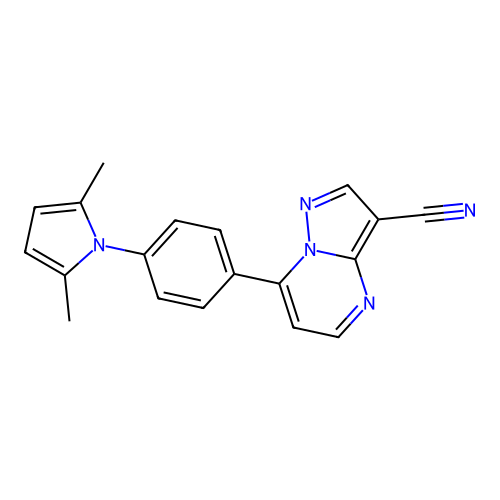 7-[4-(2,5-dimethyl-1H-pyrrol-1-yl)phenyl]pyrazolo[1,5-a]pyrimidine-3-carbonitrile structure