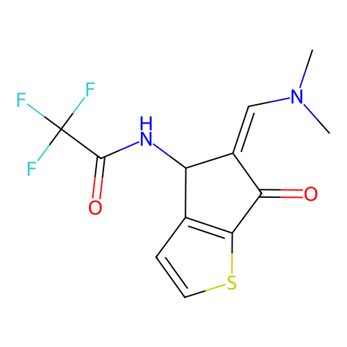 N-[5-(dimethylaminomethylidene)-6-oxo-4H-cyclopenta[b]thiophen-4-yl]-2,2,2-trifluoroacetamide structure