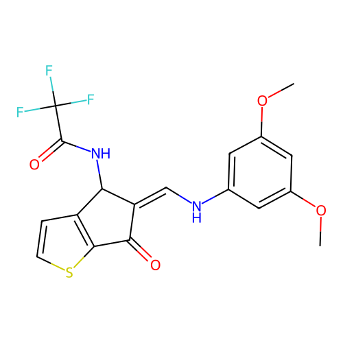 N-[5-[(3,5-dimethoxyanilino)methylidene]-6-oxo-4H-cyclopenta[b]thiophen-4-yl]-2,2,2-trifluoroacetamide structure