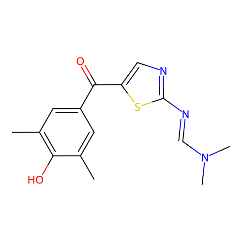 (E)-N'-[5-(4-hydroxy-3,5-dimethylbenzoyl)-1,3-thiazol-2-yl]-N,N-dimethylmethanimidamide structure