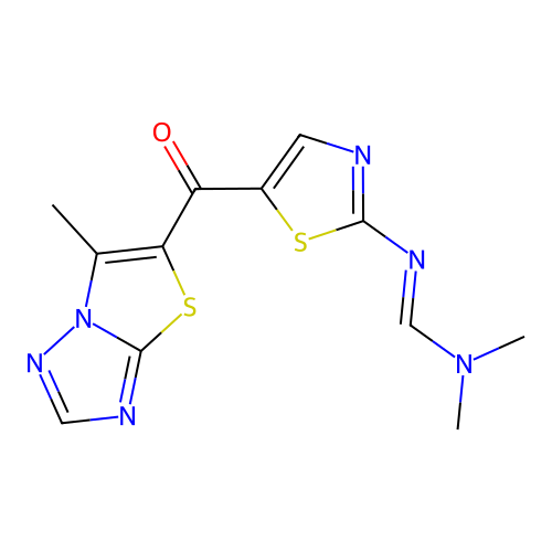 N,N-dimethyl-N'-{5-[(6-methyl[1,3]thiazolo[3,2-b][1,2,4]triazol-5-yl)carbonyl]-1,3-thiazol-2-yl}iminoformamide structure