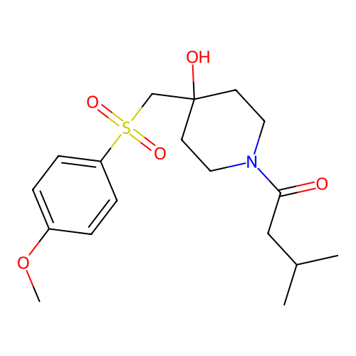 1-(4-hydroxy-4-{[(4-methoxyphenyl)sulfonyl]methyl}piperidino)-3-methyl-1-butanone structure
