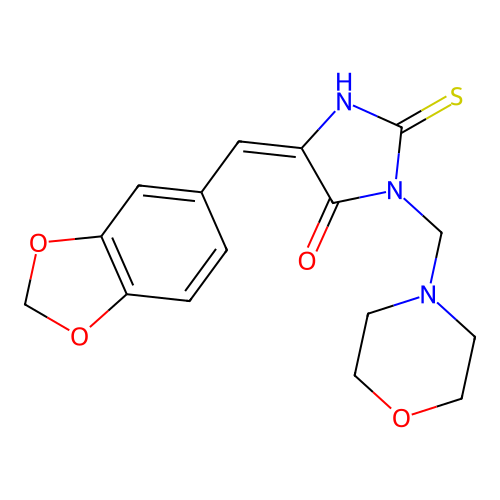 5-(1,3-benzodioxol-5-ylmethylene)-3-(morpholinomethyl)-2-thioxotetrahydro-4H-imidazol-4-one structure