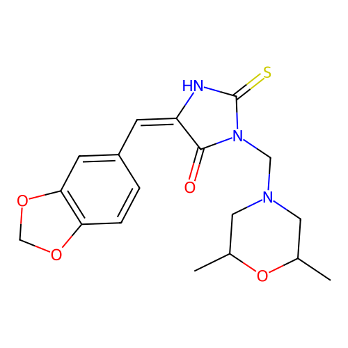 5-(1,3-benzodioxol-5-ylmethylene)-3-[(2,6-dimethylmorpholino)methyl]-2-thioxotetrahydro-4H-imidazol-4-one structure