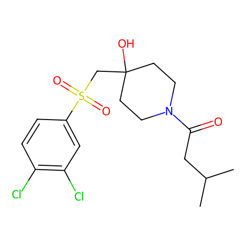 1-(4-{[(3,4-dichlorophenyl)sulfonyl]methyl}-4-hydroxypiperidino)-3-methyl-1-butanone structure
