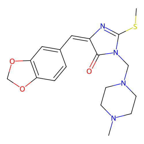 5-(1,3-benzodioxol-5-ylmethylene)-3-[(4-methylpiperazino)methyl]-2-(methylsulfanyl)-3,5-dihydro-4H-imidazol-4-one structure
