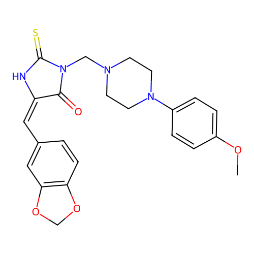 5-(1,3-benzodioxol-5-ylmethylene)-3-{[4-(4-methoxyphenyl)piperazino]methyl}-2-thioxotetrahydro-4H-imidazol-4-one structure