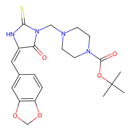 tert-butyl 4-[[4-(1,3-benzodioxol-5-ylmethylidene)-5-oxo-2-sulfanylideneimidazolidin-1-yl]methyl]piperazine-1-carboxylate structure