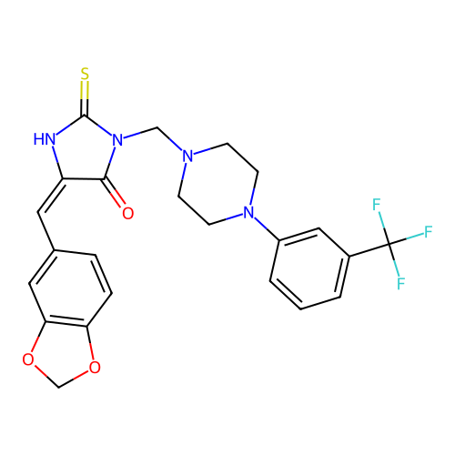 5-(1,3-benzodioxol-5-ylmethylene)-2-thioxo-3-({4-[3-(trifluoromethyl)phenyl]piperazino}methyl)tetrahydro-4H-imidazol-4-one structure