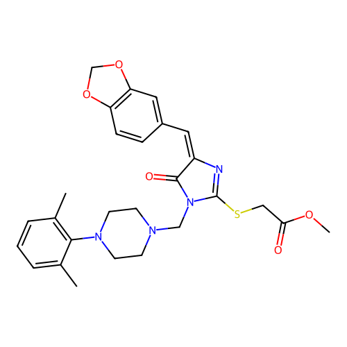 methyl 2-[(4-(1,3-benzodioxol-5-ylmethylene)-1-{[4-(2,6-dimethylphenyl)piperazino]methyl}-5-oxo-4,5-dihydro-1H-imidazol-2-yl)sulfanyl]acetate structure
