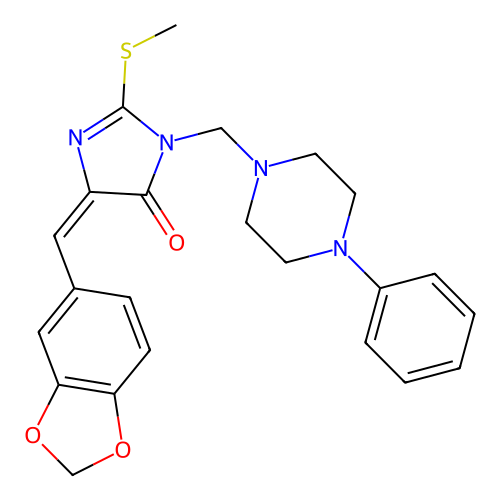 5-(1,3-benzodioxol-5-ylmethylene)-2-(methylsulfanyl)-3-[(4-phenylpiperazino)methyl]-3,5-dihydro-4H-imidazol-4-one structure