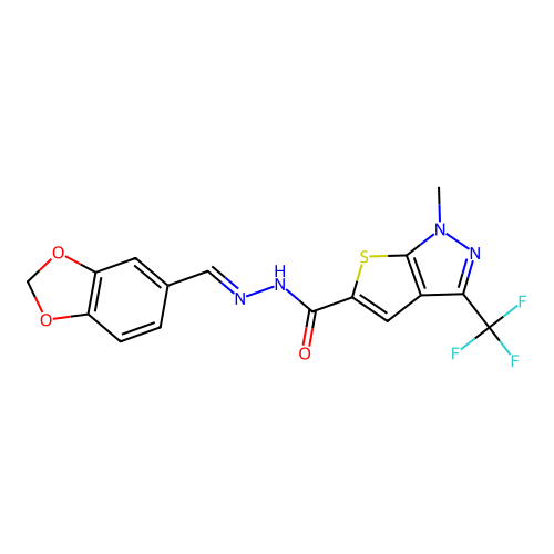 N'-(1,3-benzodioxol-5-ylmethylene)-1-methyl-3-(trifluoromethyl)-1H-thieno[2,3-c]pyrazole-5-carbohydrazide structure