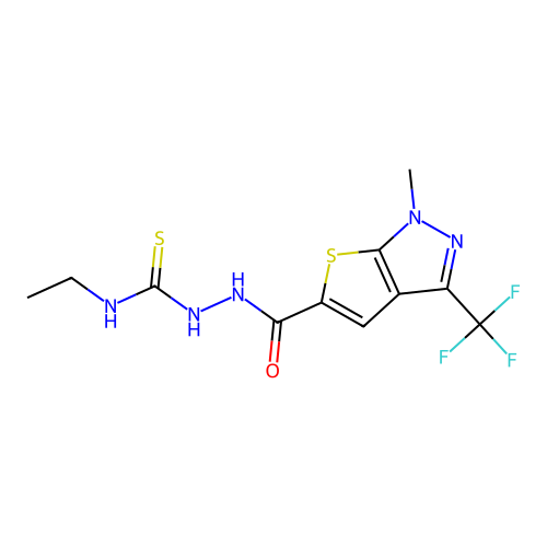 N-ethyl-2-{[1-methyl-3-(trifluoromethyl)-1H-thieno[2,3-c]pyrazol-5-yl]carbonyl}-1-hydrazinecarbothioamide structure