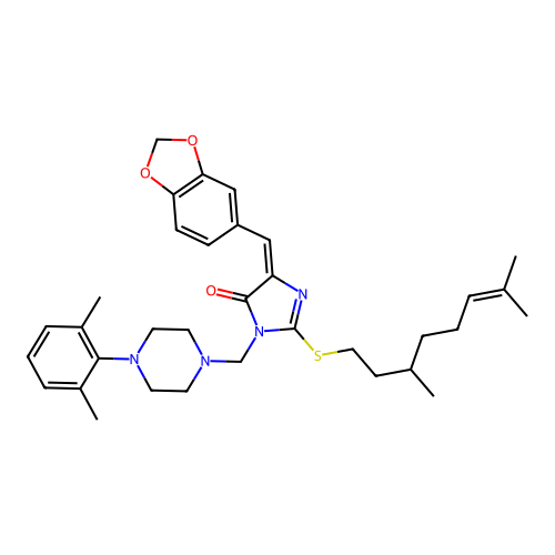 5-(1,3-benzodioxol-5-ylmethylene)-2-[(3,7-dimethyl-6-octenyl)sulfanyl]-3-{[4-(2,6-dimethylphenyl)piperazino]methyl}-3,5-dihydro-4H-imidazol-4-one structure