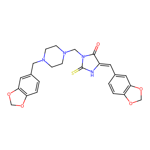 5-(1,3-benzodioxol-5-ylmethylene)-3-{[4-(1,3-benzodioxol-5-ylmethyl)piperazino]methyl}-2-thioxotetrahydro-4H-imidazol-4-one structure