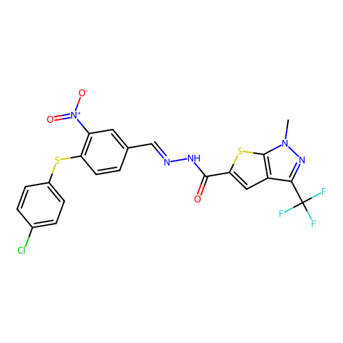 N'-({4-[(4-chlorophenyl)sulfanyl]-3-nitrophenyl}methylene)-1-methyl-3-(trifluoromethyl)-1H-thieno[2,3-c]pyrazole-5-carbohydrazide structure