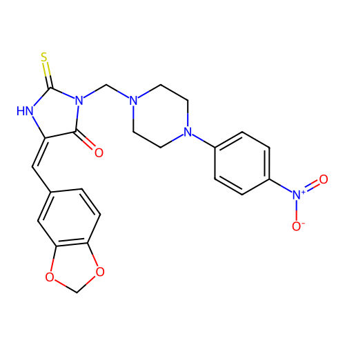 5-(1,3-benzodioxol-5-ylmethylene)-3-{[4-(4-nitrophenyl)piperazino]methyl}-2-thioxotetrahydro-4H-imidazol-4-one structure