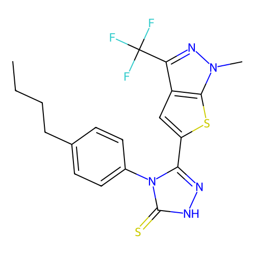 4-(4-butylphenyl)-5-[1-methyl-3-(trifluoromethyl)-1H-thieno[2,3-c]pyrazol-5-yl]-4H-1,2,4-triazole-3-thiol structure