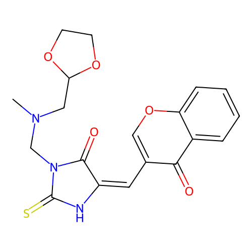 3-[[1,3-dioxolan-2-ylmethyl(methyl)amino]methyl]-5-[(4-oxochromen-3-yl)methylidene]-2-sulfanylideneimidazolidin-4-one structure