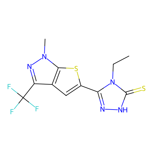 4-ethyl-5-[1-methyl-3-(trifluoromethyl)-1H-thieno[2,3-c]pyrazol-5-yl]-4H-1,2,4-triazole-3-thiol structure