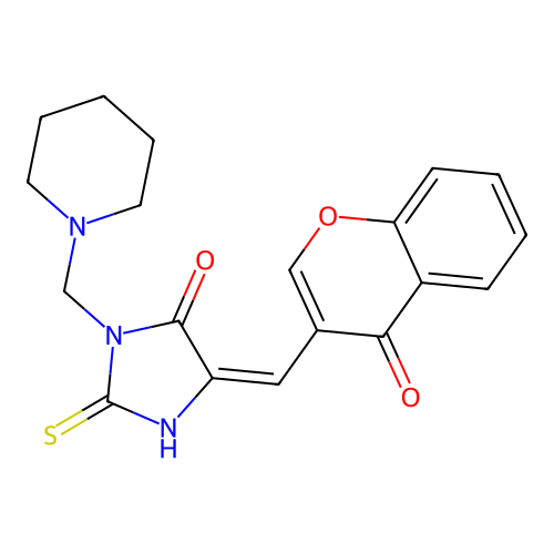 5-[(4-oxo-4H-chromen-3-yl)methylene]-3-(piperidinomethyl)-2-thioxotetrahydro-4H-imidazol-4-one structure