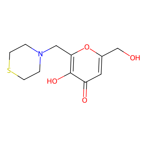 3-hydroxy-6-(hydroxymethyl)-2-(1,4-thiazinan-4-ylmethyl)-4H-pyran-4-one structure