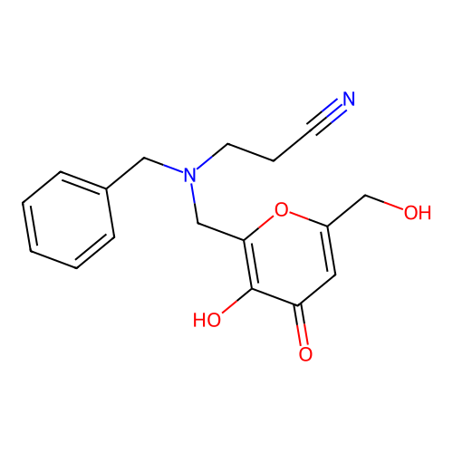 3-(benzyl{[3-hydroxy-6-(hydroxymethyl)-4-oxo-4H-pyran-2-yl]methyl}amino)propanenitrile structure
