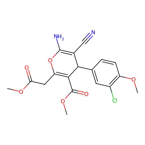 methyl 6-amino-4-(3-chloro-4-methoxyphenyl)-5-cyano-2-(2-methoxy-2-oxoethyl)-4H-pyran-3-carboxylate structure