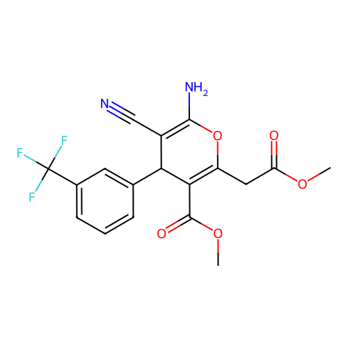 methyl 6-amino-5-cyano-2-(2-methoxy-2-oxoethyl)-4-[3-(trifluoromethyl)phenyl]-4H-pyran-3-carboxylate structure