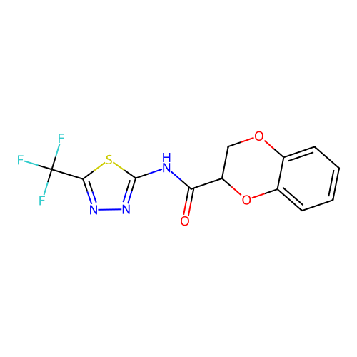 N-[5-(trifluoromethyl)-1,3,4-thiadiazol-2-yl]-2,3-dihydro-1,4-benzodioxine-2-carboxamide structure