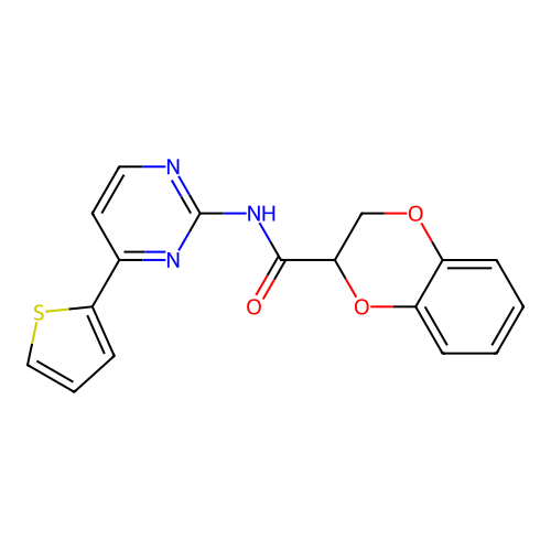 N-[4-(2-thienyl)-2-pyrimidinyl]-2,3-dihydro-1,4-benzodioxine-2-carboxamide structure