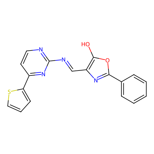 2-Phenyl-4-[(4-thiophen-2-ylpyrimidin-2-yl)iminomethyl]-1,3-oxazol-5-ol structure