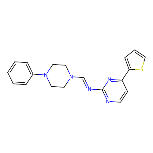 1-(4-phenylpiperazin-1-yl)-N-(4-thiophen-2-ylpyrimidin-2-yl)methanimine structure