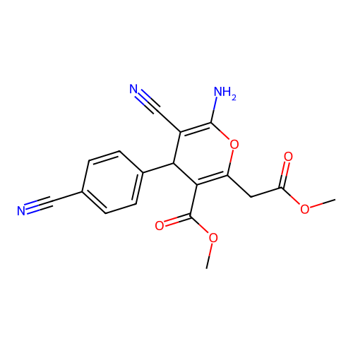 methyl 6-amino-5-cyano-4-(4-cyanophenyl)-2-(2-methoxy-2-oxoethyl)-4H-pyran-3-carboxylate structure