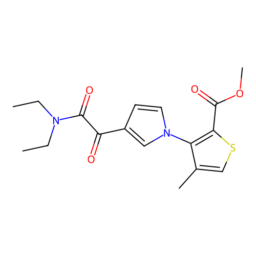 methyl 3-{3-[2-(diethylamino)-2-oxoacetyl]-1H-pyrrol-1-yl}-4-methyl-2-thiophenecarboxylate structure