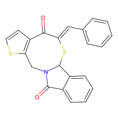 5-[(Z)-phenylmethylidene]-5H-thieno[2',3':5,6][1,3]thiazocino[2,3-a]isoindole-4,11(6aH,13H)-dione structure