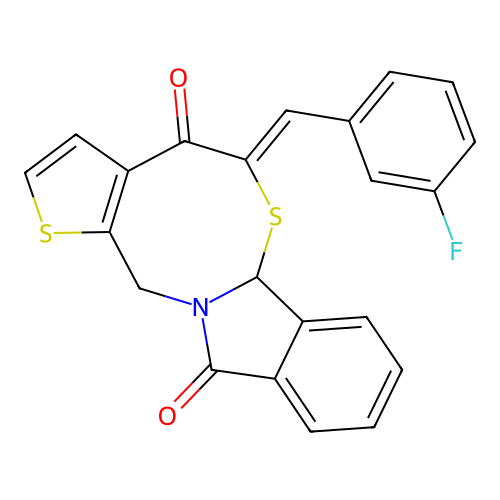 5-[(Z)-(3-fluorophenyl)methylidene]-5H-thieno[2',3':5,6][1,3]thiazocino[2,3-a]isoindole-4,11(6aH,13H)-dione structure