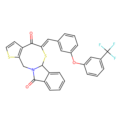 5-((Z)-{3-[3-(trifluoromethyl)phenoxy]phenyl}methylidene)-5H-thieno[2',3':5,6][1,3]thiazocino[2,3-a]isoindole-4,11(6aH,13H)-dione structure