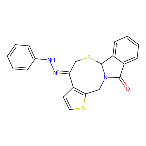 5H-thieno[2',3':5,6][1,3]thiazocino[2,3-a]isoindole-4,11(6aH,13H)-dione 4-(N-phenylhydrazone) structure