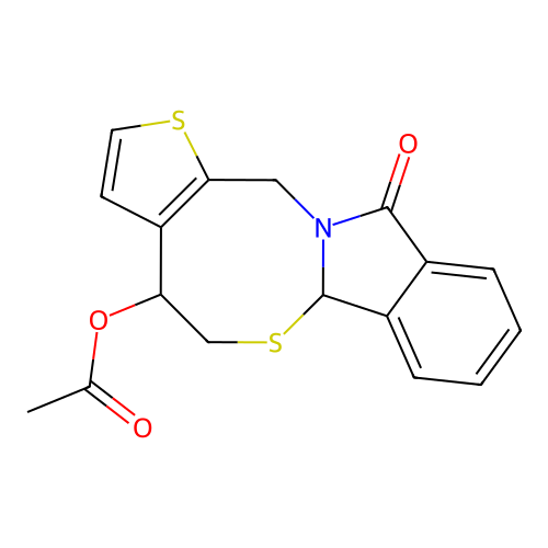 11-oxo-4,6a,11,13-tetrahydro-5H-thieno[2',3':5,6][1,3]thiazocino[2,3-a]isoindol-4-yl acetate structure