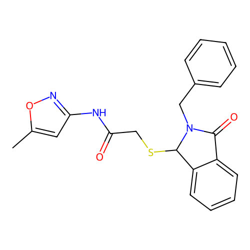2-[(2-benzyl-3-oxo-2,3-dihydro-1H-isoindol-1-yl)sulfanyl]-N-(5-methyl-3-isoxazolyl)acetamide structure