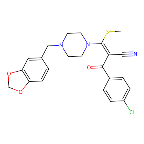 (Z)-3-[4-(1,3-benzodioxol-5-ylmethyl)piperazino]-2-(4-chlorobenzoyl)-3-(methylsulfanyl)-2-propenenitrile structure