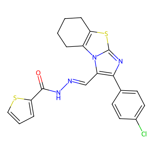N'-{(E)-[2-(4-chlorophenyl)-5,6,7,8-tetrahydroimidazo[2,1-b][1,3]benzothiazol-3-yl]methylidene}-2-thiophenecarbohydrazide structure