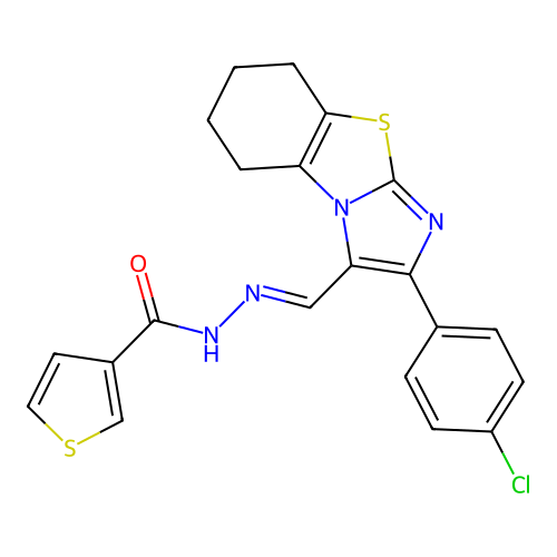 N'-{(E)-[2-(4-chlorophenyl)-5,6,7,8-tetrahydroimidazo[2,1-b][1,3]benzothiazol-3-yl]methylidene}-3-thiophenecarbohydrazide structure