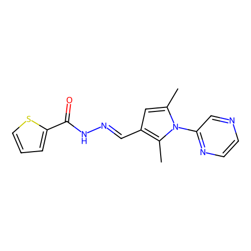 N-[(2,5-dimethyl-1-pyrazin-2-ylpyrrol-3-yl)methylideneamino]thiophene-2-carboxamide structure