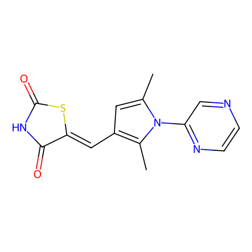 5-[(2,5-dimethyl-1-pyrazin-2-ylpyrrol-3-yl)methylidene]-1,3-thiazolidine-2,4-dione structure